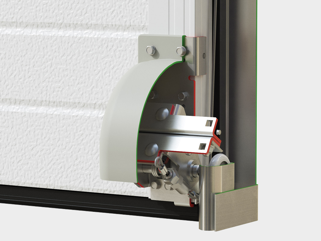 The cable break protection device is installed as a lower bracket on the door leaf. If the cable breaks, the mechanism is activated and prevents the door leaf from falling.
